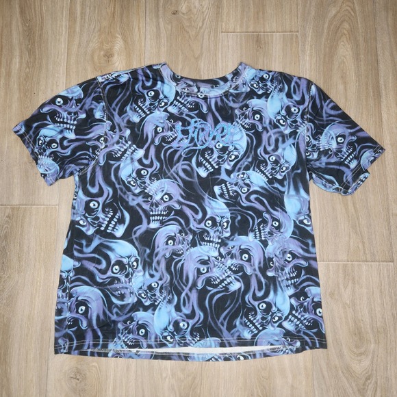 Empyre Other - Empyre Mens XL Boxy Blue Purple Flaming Skull All Over Print Rhinestone T-Shirt